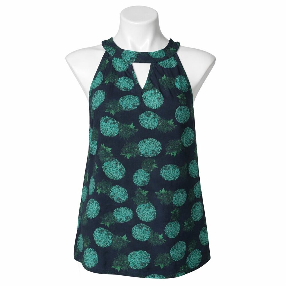 Market & Spruce Pineapple Print Sleeveless Keyhole Blouse Navy Green Size M
